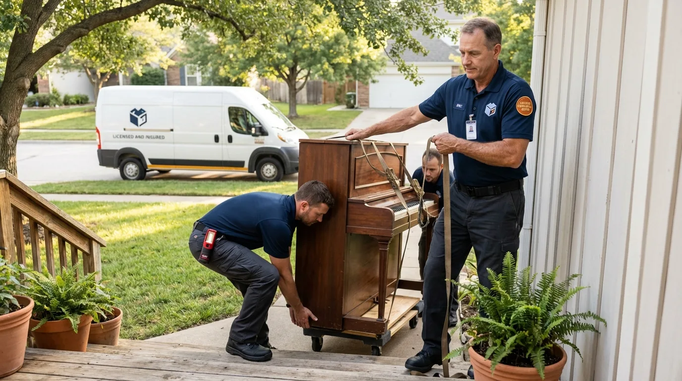 Licensed piano movers securing grand piano in Ypsilanti, MI