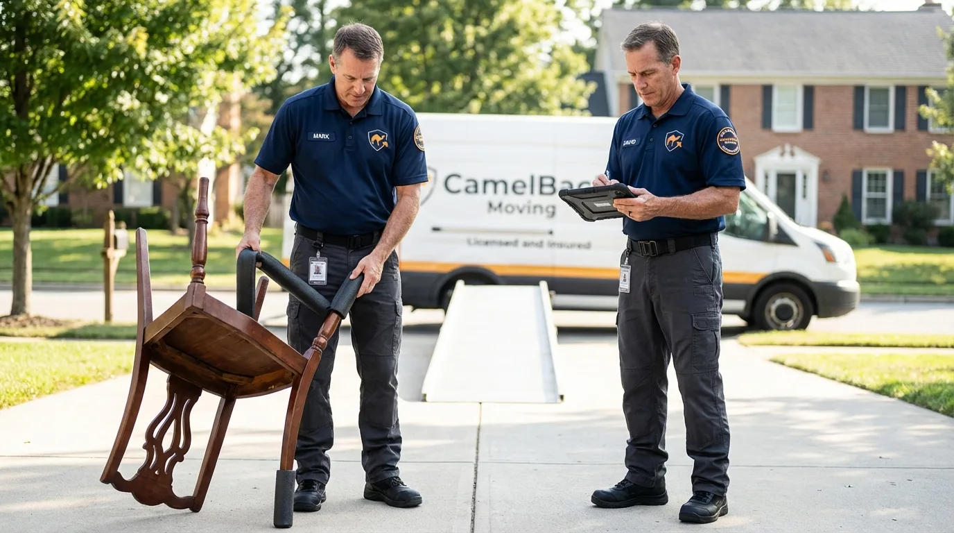 Movers inspecting furniture for damage prevention before loading in Ypsilanti, MI